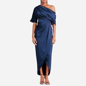 Mollyevers One Shoulder Navy Satin Formal Dress NWOT Size 6